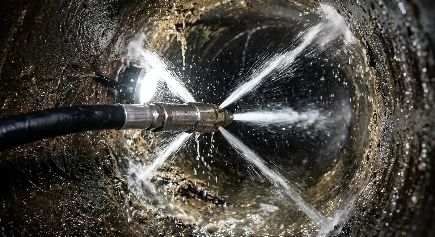 High-pressure hydro jetting nozzle cleaning sewer pipe for Emergency Drain Service in Portales