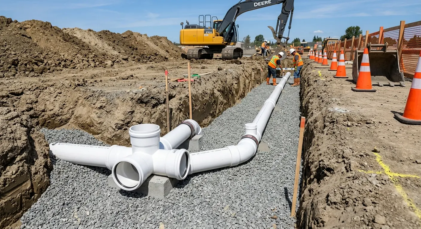 New PVC sewer pipe installation in open trench for Sewer Backup in Portales