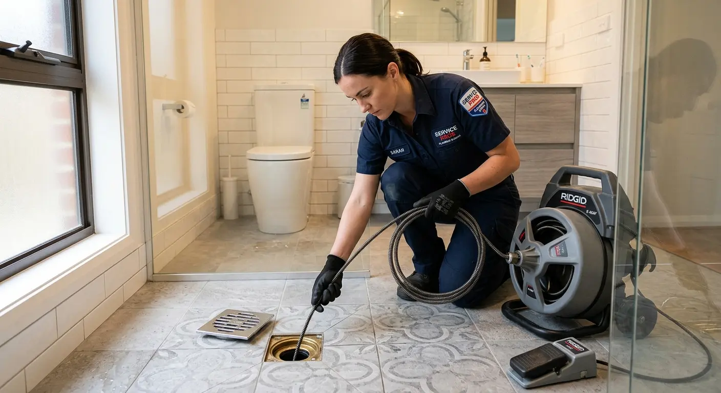Technician clearing a bathroom floor drain for Sewer Line Installation in Portales